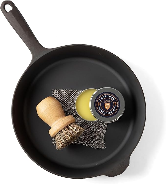Field Cast Iron Starter Set -10.25 Inch Cast Iron Skillet with Cleaning Kit: Natural Fiber Brush, Chain Mail Scrubber & Organic Seasoning Oil – Lightweight, Preseasoned, Made in USA, Vintage Design