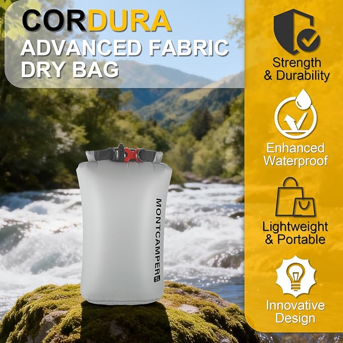 CORDURA Waterproof Dry Bag 5L – Heavy Duty IPX6 Roll Top Sack with Survival Whistle for Kayaking, Camping, Boating, Beach – Lightweight Dry Backpack (Gray)