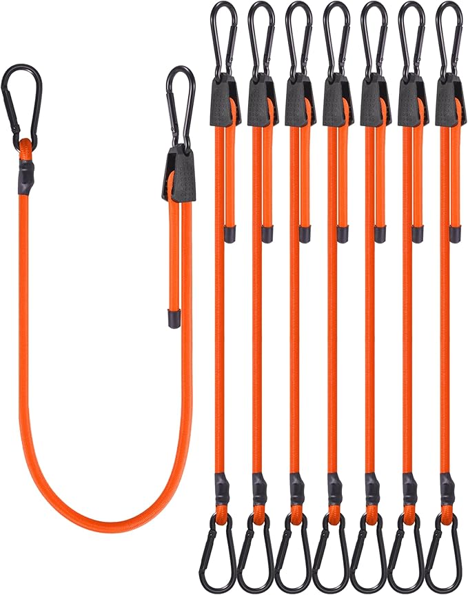 8 Pcs 24 Inch Adjustable Carabiner Bungee Cords with Hooks, Easy to Adjust from 7" to 24", Orange Bungee Straps with UV-Resistance & Superior Elasticity for Cargo, Bike, Luggage, Carts, Truck, etc