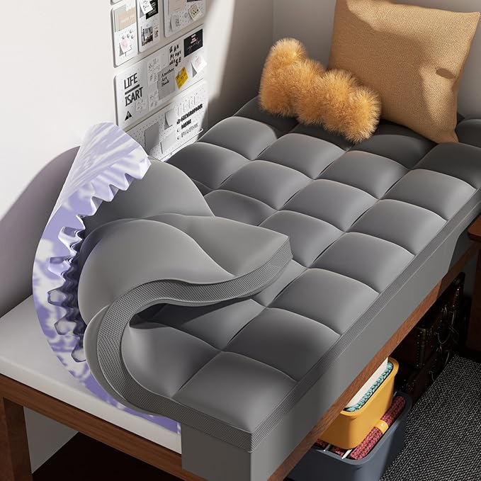 Dual Layer Memory Foam Twin XL Mattress Topper - 3 Inch Cooling Pillow Top Cover Rayon and 2 Inch Gel Egg Crate Foam, Twin XL Extra Long College Dorm Room Essentials (Grey)