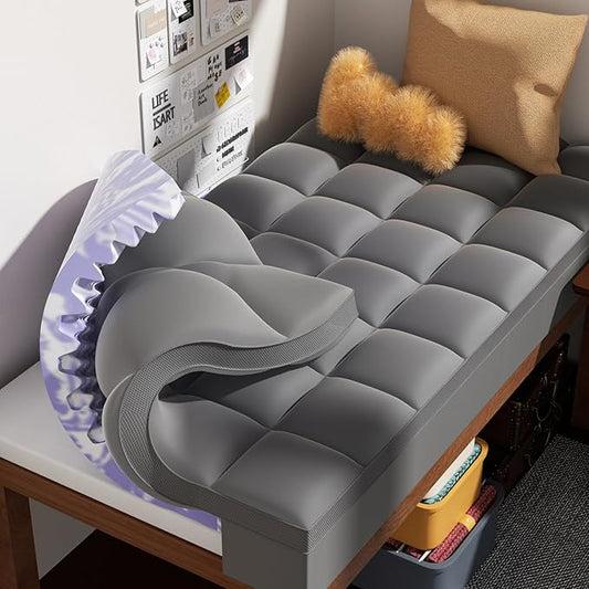 Dual Layer Memory Foam Twin XL Mattress Topper - 3 Inch Cooling Pillow Top Cover Rayon and 2 Inch Gel Egg Crate Foam, Twin XL Extra Long College Dorm Room Essentials (Grey)
