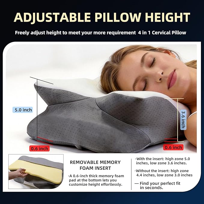 Ergonomic Memory Foam Pillow for Neck Pain - Cooling Pillow with 5-Zone Support for Side & Back Sleepers, Adjustable Height, Cervical Spine Alignment, Certified Safe Materials (Queen Size)