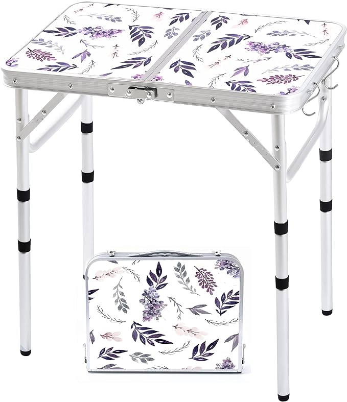 Folding Camping Table 2ft Portable Pinic Table Adjustable Height Small Card Table Aluminum Foldable Lightweight with Carry Handle for Outdoor Indoor Hiking Camp BBQ Beach (Misty Lilac)