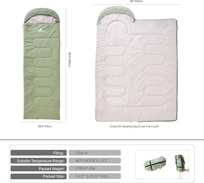 Lightweight Sleeping Bag 2.43lbs, Backpacking Sleeping Bag 46℉-59℉, Nylon Shell and Lining, Waterproof, Compact, Ultralight Sleeping Bag for Backpacking Camping Hiking