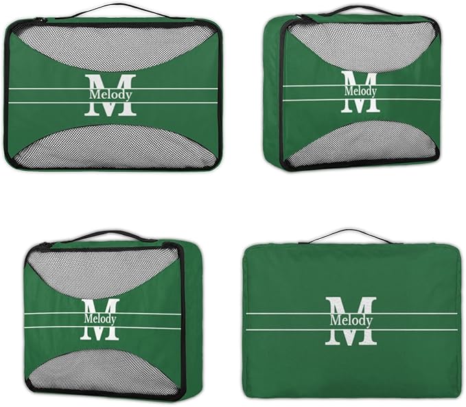 Custom Name Compression Packing Cubes Luggage Organizer Bags for Travel, Forest Green with Initial Letter Double Zipper Packing Cubes for Suitcases for Men Boys