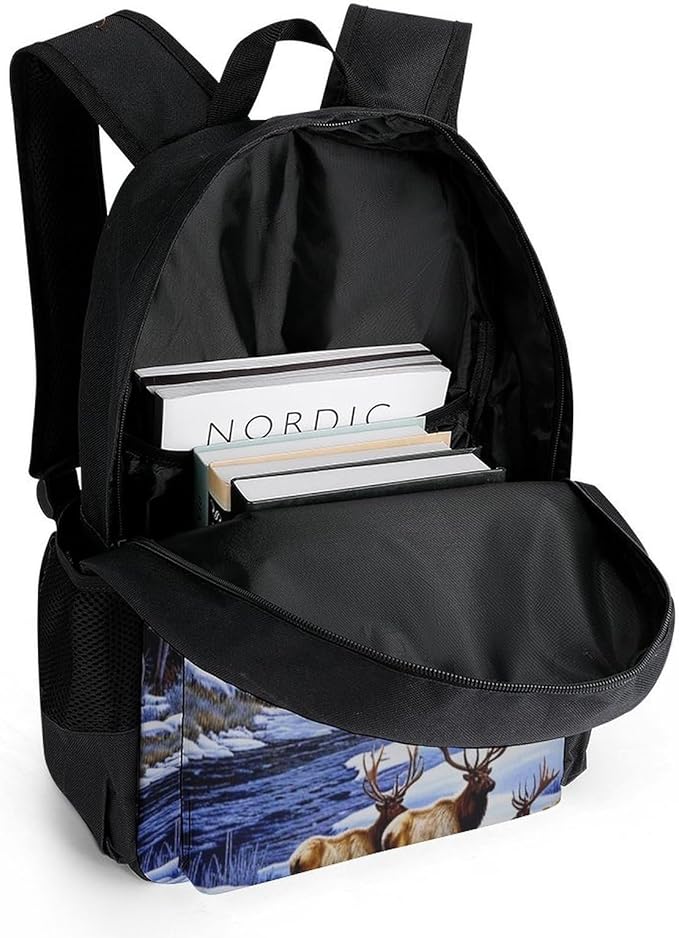 Supdreamc Daypack Backpack Anti-Theft Multipurpose Large Capacity Carry On Bag, Elk Winter Snow Traveling Camping Backpack With Side Pockets