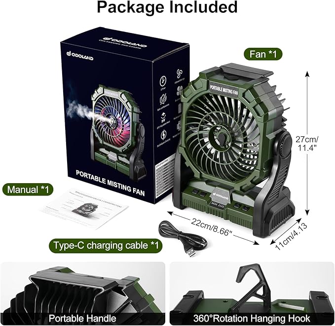 Odoland Portable Misting Fan, Camping Fan with Light & 250mL Water Tank,10000mAh Battery Operated Rechargeable Mister Tent Fans with Hook, Cooling Mist Fans for Outdoor Patios Beach RV Car Summer