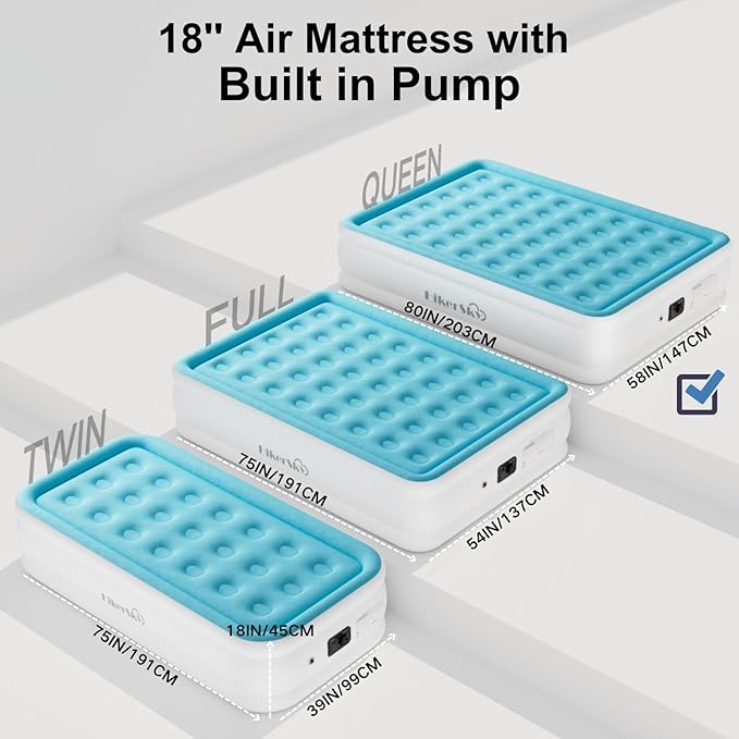 Queen Air Mattress with Built-in Pump, Single Air Bed with Portable Storage Bag, Suitable for Home and Guests, Top Flocking, 18" Queen Sky Blue