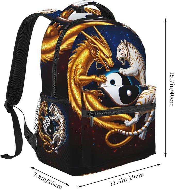 Daypack Polyester Anti-Theft Multipurpose Yin Yang Gold Dragon White Tiger Art Bookbag Big Capacity Gym Outdoor Hiking Backpack With Adjustable Shoulder Straps