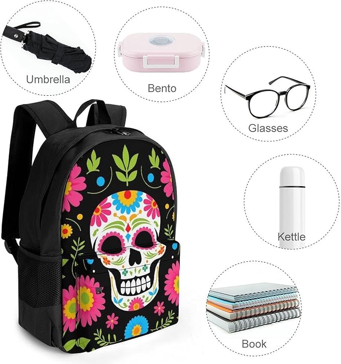 Supdreamc Backpack Polyester Anti-Theft Multipurpose Mexican Day Of Dead Flower Traditional Sugar Skull Bookbag Large Capacity Laptop Book Bag Rucksack With Side Pockets