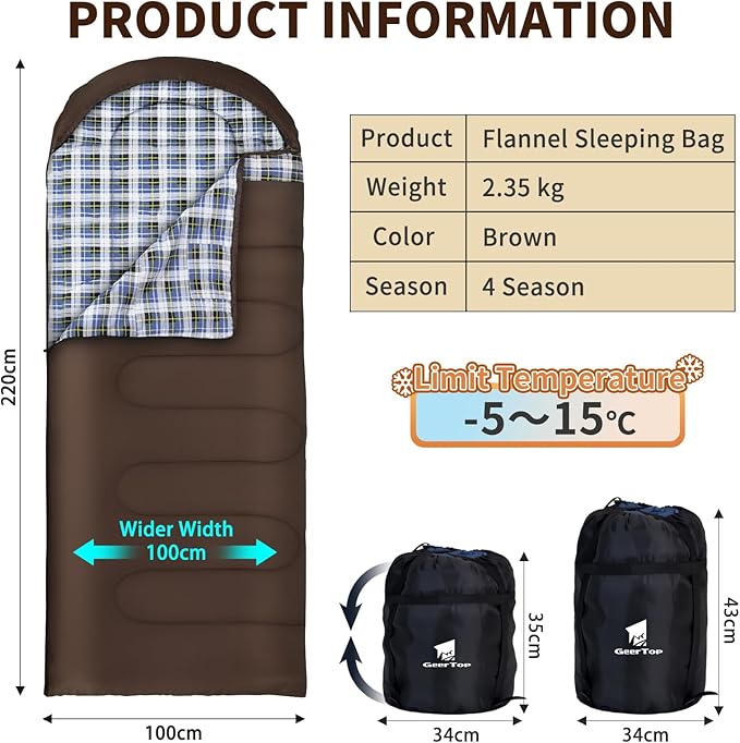 GEERTOP Flannel Sleeping Bags for Adults Big & Tall People Portable Cold Weather Envelope XXL All Seasons Camping Sleeping Bag