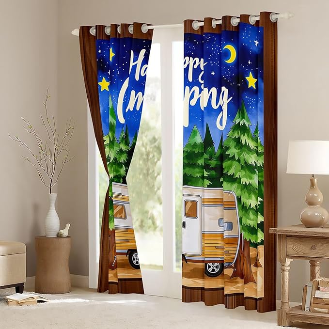 Erosebridal Kids Camper Blackout Curtains for Bedroom Living Room Happy Camping Window Curtains 2 Panels 42" Wx63 L Rustic Camp Travel Car Drapes,Camping Adventure Forest Window Treatments