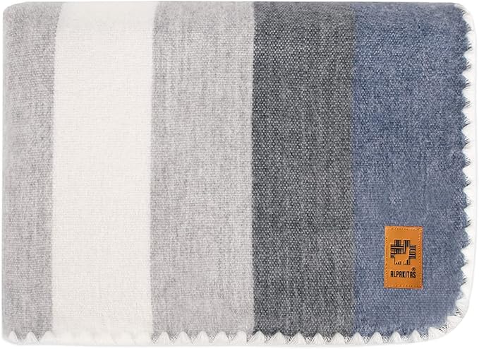 Alpaca Wool Blanket - Queen Size Bed Blanket - Best Gift & Warm Throw, Lightweight, Couch or Camp- Outdoor - 87 x 64 inches (Gray & Blue)