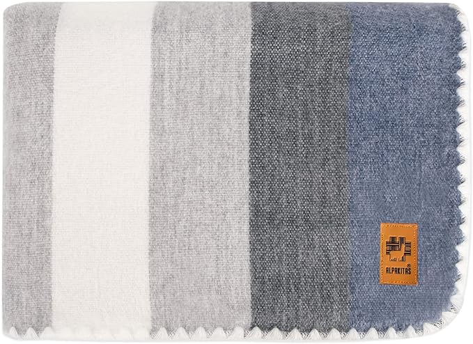 Alpaca Wool Blanket – Twin Size, 75 x 38 Inches – Warm & Lightweight – Couch, Bed, or Outdoor Blanket – Gray & Blue