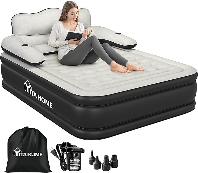 YITAHOME Queen Size Air Mattress with Headboard and Built-in Pump, 18in Blow Up Mattress with Carry Bag, Repair Kit, and Nozzles for Home, Camping, and Travel