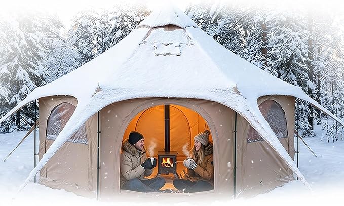 Canvas Bell Tent, Three Assembly Methods Large Yurt Tent with Stove Jack for Camping & Glamping, 15 Person Maximum Space, Waterproof 4 Season Hot Tent with 8 Mesh Windows & Removable Floor