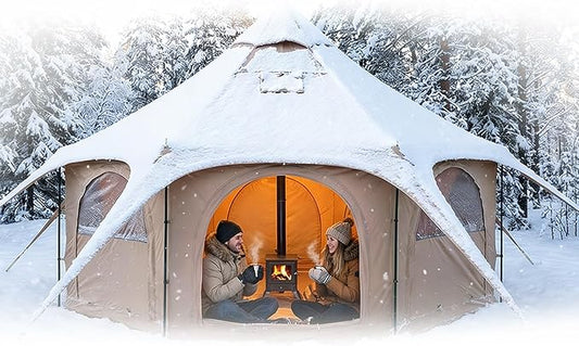 Canvas Bell Tent, Three Assembly Methods Large Yurt Tent with Stove Jack for Camping & Glamping, 15 Person Maximum Space, Waterproof 4 Season Hot Tent with 8 Mesh Windows & Removable Floor