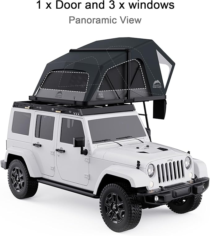 Rooftop Tent Hard Shell Aluminium Overland Roof Top Tent, Large Space, LED Strip Light Skyview Window, Waterproof UV-Resistant All-Weather, Suitable for Car Jeep SUV Truck Van Camping, 4 People