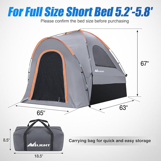 Nilight Truck Bed Tent 5.2-5.8 FT Pickup Tents with Rainfly Waterproof PU2000mm Double Layer Tent for Truck 2-Person Portable Full Size Short Tailgate Bed Tent for Camping Outdoor Travel, Orange Grey