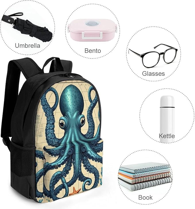 Supdreamc Daypack Lightweight Multipurpose Anti-Theft Retro Octopus Art Shoulder Bag Large Capacity Laptop Book Bag Rucksack With Adjustable Shoulder Straps