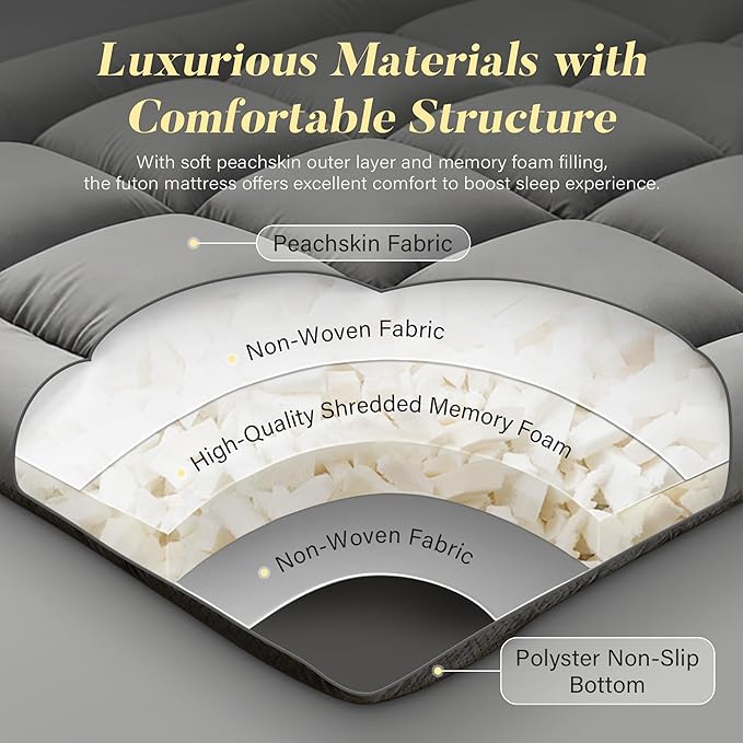 Japanese Floor Mattress, Foldable Futon Mattress Tatami Mat with Handle, Roll Up Dormitory Sleeping Pad for Camping, Guestroom Bed, Full Size, Grey