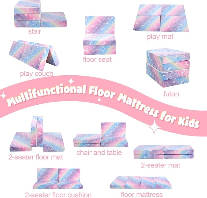 MeMoreCool Kids Folding Mattress, Trifold Mat Foldable Floor Mattress for Kids, 63x26 Portable Floor Mat with Washable Cover and Carry Bag, 4 Inch Foam Medium Firmness, Rainbow