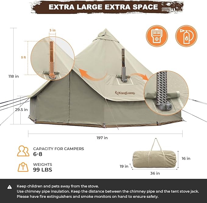KingCamp Khan Canvas Bell Tent 16.4ft for Camping, Glamping, with 2 Room Camping Shower Tent