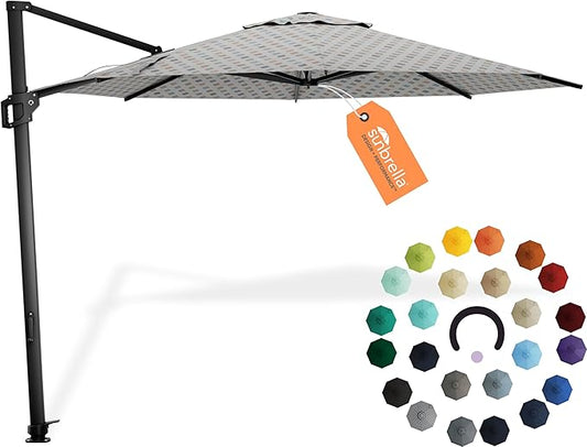 Midtown Umbrellas The Grande Round 10 FT Outdoor Cantilever Patio Umbrella w/Sunbrella Infused Gem Acrylic Fabric - 8 Rib Aluminum Frame Offset w/Tilt And 360° Rotate Pedal System - Black Frame