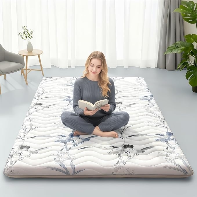 Japanese Floor Mattress, 3.5" Thicken Ink Wash Floral Pattern Portable Futon Mattress, 100% High-Density Foam Tatami Mat Sleeping Pad for Camping Guest Room Dormitory RV, White, Full
