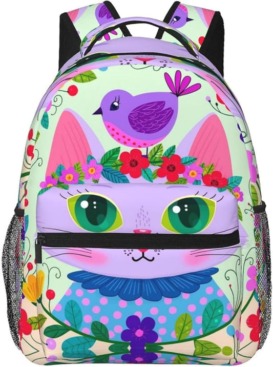Lightweight Daypack Backpack for Trekking Work Running, Big Capacity Multipurpose Anti-Theft Bookbag, Cartoon Cats Birds Flowers Childlike And Dreamy Art Business Computer Bag