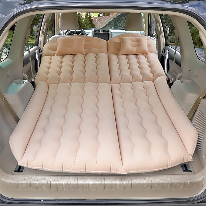 Ergocar Inflatable Mattress Soft Plant Velvet Thickened Air Mattress Car Sleeping Mattress Two Pillows Double-Layer Inflatable Valve Storage Bag Suitable for Camping, Traveling, Family