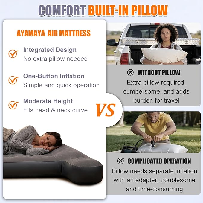 AYAMAYA Truck Bed Air Mattress with Built-In Cordless Rechargeable Pump, Inflatable Mattress with Pillow for 5.5-5.8ft Full Size Short Truck Beds, Portable Pickup Airbed for Outdoor Camping, Road Trip