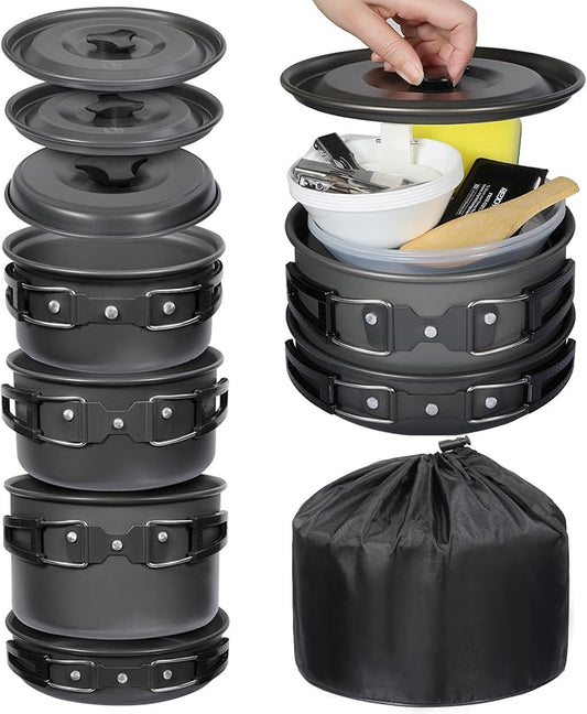 REDCAMP 6/10/11/12/14/15/19 PCS Camping Cookware Mess Kit Camping Gear Campfire Utensils Lightweight Stackable Pot Pan Bowls Soup Spoon with Storage Bag for Camping, Backpacking, Outdoor Cooking