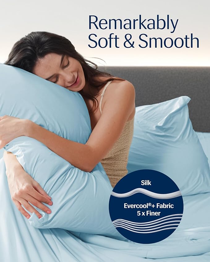 REST® Evercool®+ Starter Sheet Set, Twin, Light Blue, Breathable Bed Sheets for Hot Sleeper and Night Sweats, with Pillowcases, Ionic+ Self-Cleaning Silver Yarn for Sensitive Skin, 3PCS No Flat Sheet