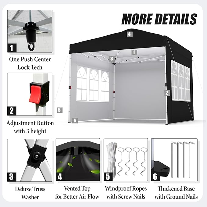 Shades 10x10 Pop Up Canopy with 3 Sidewalls & 4 Sandbags,Heavy Duty Beach Tent with Portable Bag,Sun Shelter for Parties,Events,Outdoor Gazebo with 420D Coated Waterproof Black Fabric