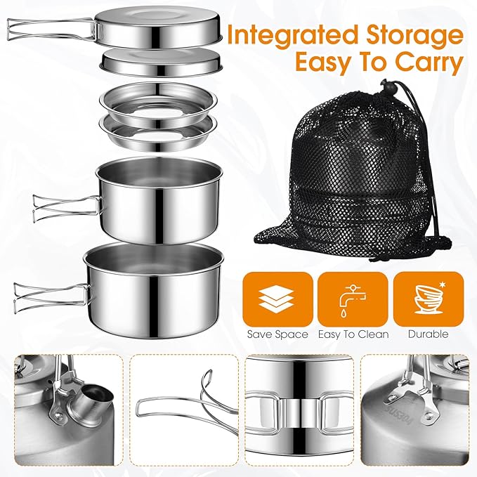 15 Pcs Camping Cookware Mess Kit Outdoor Cooking Set Stainless Steel with Pot and Pan Kit 2 Set Stainless Steel Cups Plates Forks Knives Spoons for Camping Backpacking Cooking Picnic