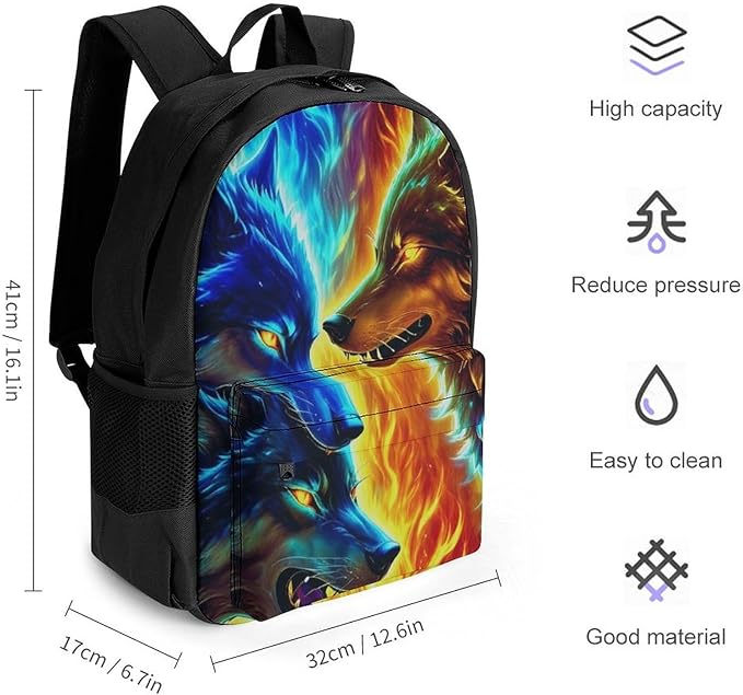 Supdreamc Rucksack Multipurpose Anti-Theft Big Capacity Shoulder Bag, Ice And Fire Flaming Cool Wolf Travel Hiking Camping Rucksack With Side Pockets