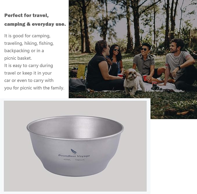 iBasingo 400ml Titanium Bowl Small Single Layer Rice Bowl Ultralight Tableware Gym Fitness Bowl Outdoor Camping Dinnerware Potable Stackable Kitchen Utensils Ti1105T