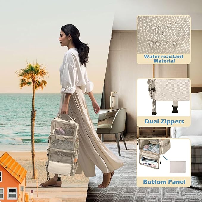 Surblue Travel Hanging Packing Cubes with 2 Hooks Hanging Shelves for Luggage Organizers Portable Compression 4 Shelf Closet Carry-on Suitcases Organizers, Small, Beige