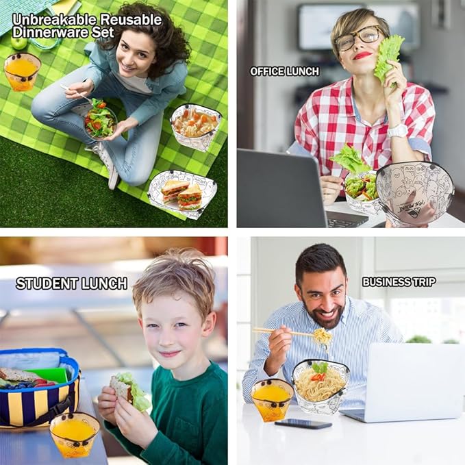 MIUPOO Collapsible Bowl Plate Cup Set,Portable Mess Kit,Food Grade Material Free Folding Plate for Lunch Family Picnic,Collapsible Set of 6, 3 Sizes