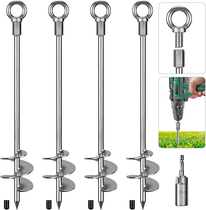 24'' Fully Welded Ground Anchors Screw in, 3'' Wider Spiral Earth Anchor for Swing Set, 4pcs Mobile Home Anchors, Wind Resistant Trampoline Wind Anchors, Ground Anchors for Sheds