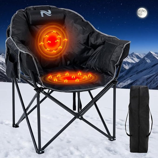 Oversized Heated Camping Chair, 3 Heating Levels Soft Padded Camp Chairs with Pillow and Storage Bag, Portable Folding Outdoor Heated Moon Chair for Camping Lawn Patio Beach and Picnics, Black