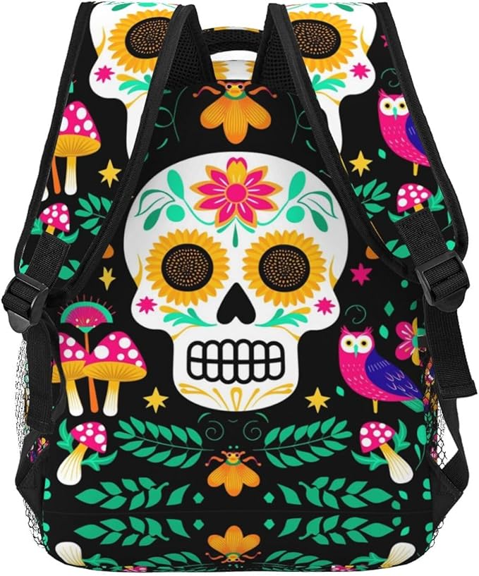 Shoulder Book Bags Polyester Multipurpose Anti-Theft Colorful Floral Sugar Skull Bird Art Carry On Bag Large Capacity Travel Hiking Camping Rucksack
