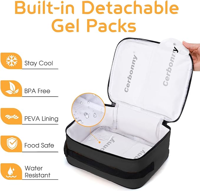 Cooler Lunch Box with Detachable Ice Packs - Freezable Insulated Cooler Bag for School/Work