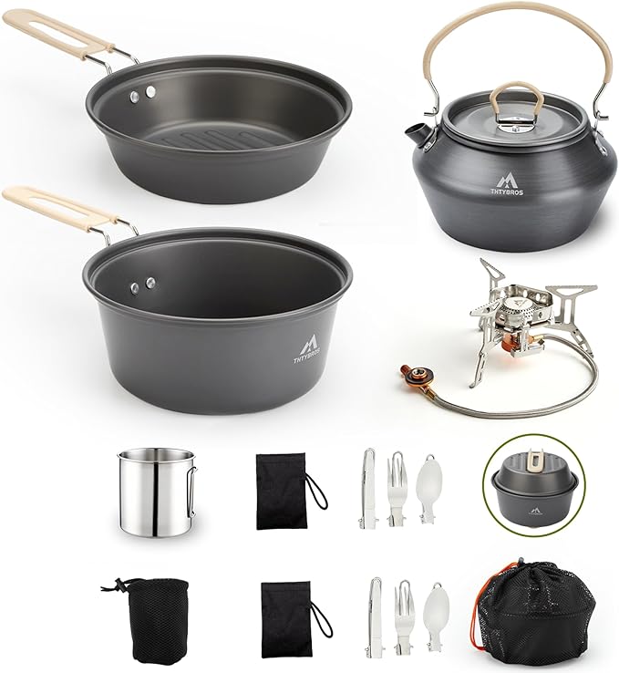 17pcs Camping Cookware Kit, 0.45Gal Pot, 7inches Pan,0.30Gal Kettle Set with 2 Set Stainless Steel Cups Plates Forks Knives Spoons for Hiking