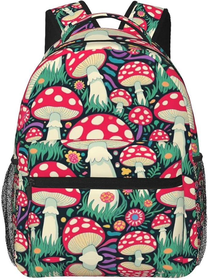Men Women Polyester Trippy Mushroom Art Daypack Bookbag Big Capacity Shoulder Bag With Padded Straps for Climbing Travel Walking Cycling