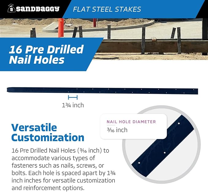 Sandbaggy Flat Steel Stakes for Concrete Forms with Nail Holes - 1.5" Wide - Painted - Removable, Reusable, V Point End - Construction Grade Stakes (100, 48 inch)