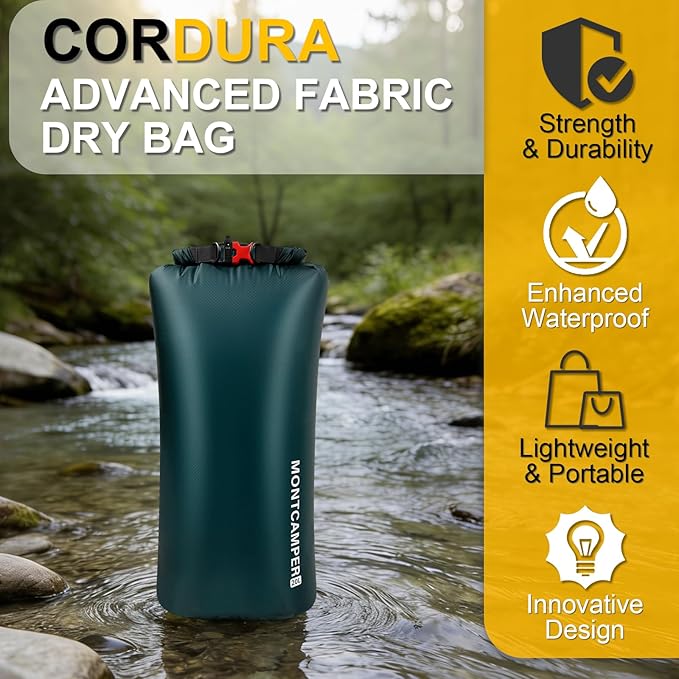 CORDURA Waterproof Dry Bag 20L – Heavy Duty IPX6 Roll Top Sack with Survival Whistle for Kayaking, Camping, Boating, Beach – Lightweight Dry Backpack (Dark Green)