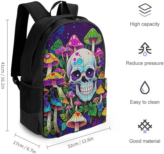 Supdreamc Men Women Lightweight Glowing Skull Mushroom Art Backpack Large Capacity Bookbag With Smooth Zippers for Gym Business Running