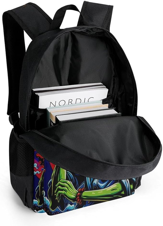 Men Women Polyester Psychedelic Space Alien Smoking Art Backpack Large Capacity Bookbag With Smooth Zippers for Climbing Picnic Bicycle
